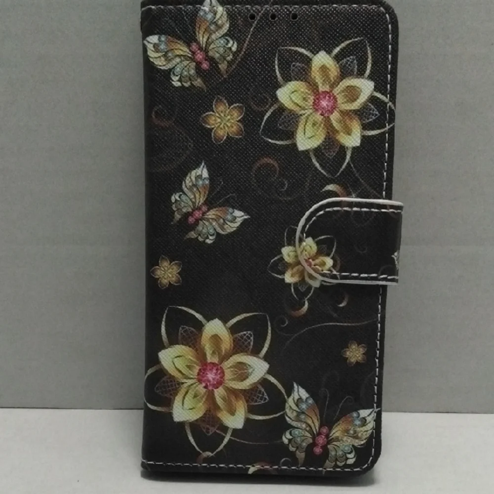 Samsung Galaxy S22 Black and Gold Floral Butterfly Case‎ W/Strap And Card Slots.